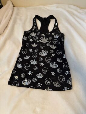 bebe Black Racerback Tank with Silver Sequin Skull & Crown Motif